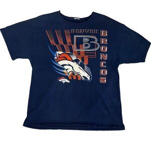 y2k Denver Broncos T-Shirt Blue Navy Short Sleeve Logo Graphic Tee Pullover